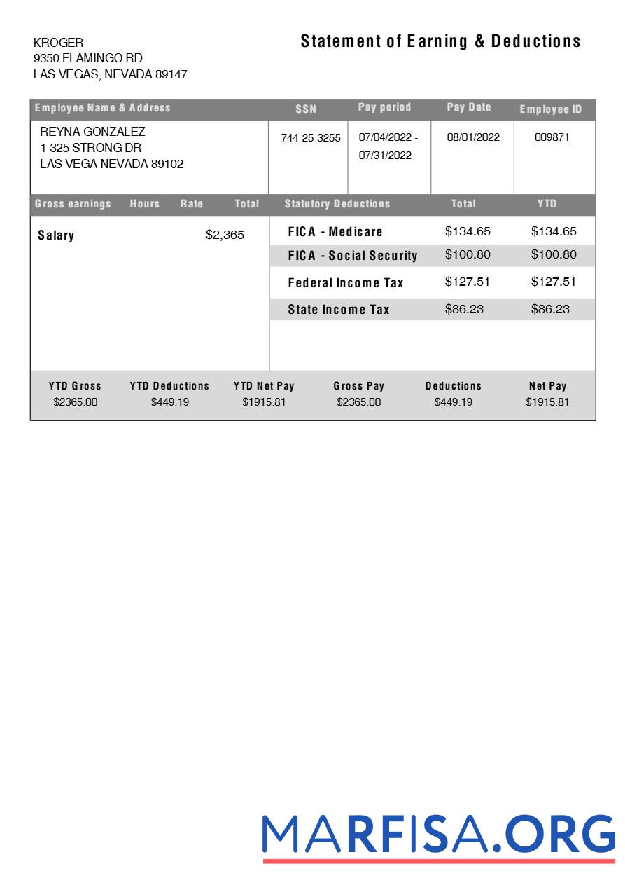 Downloadable Kroger statement of earning & deductions example